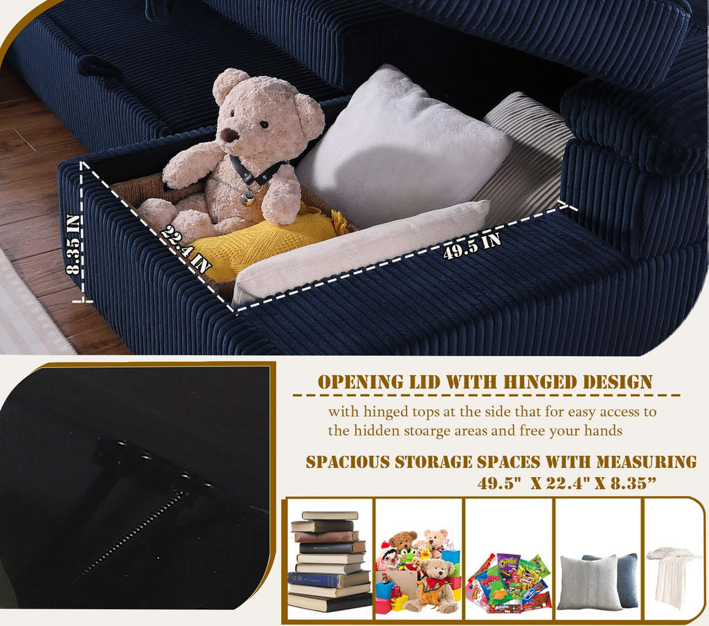 Corduroy Couch with Pull Out Bed 118" U Shaped Sleeper Sofa with Storage Chaise Navy Blue Modular Sectional Sofa