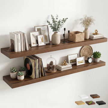 12 inch Deep Floating Shelves for Wall, 72" Wide, Walnut, 2-Pack