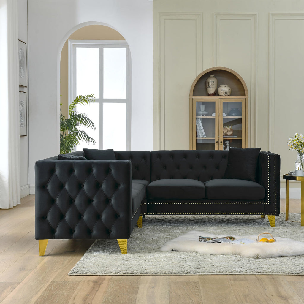 82.2" Tufted Velvet Corner Sofa, 5 Seat Couch, L-Shaped Sectional Couch, Buttons Tufted Square Arm Couch Apartment