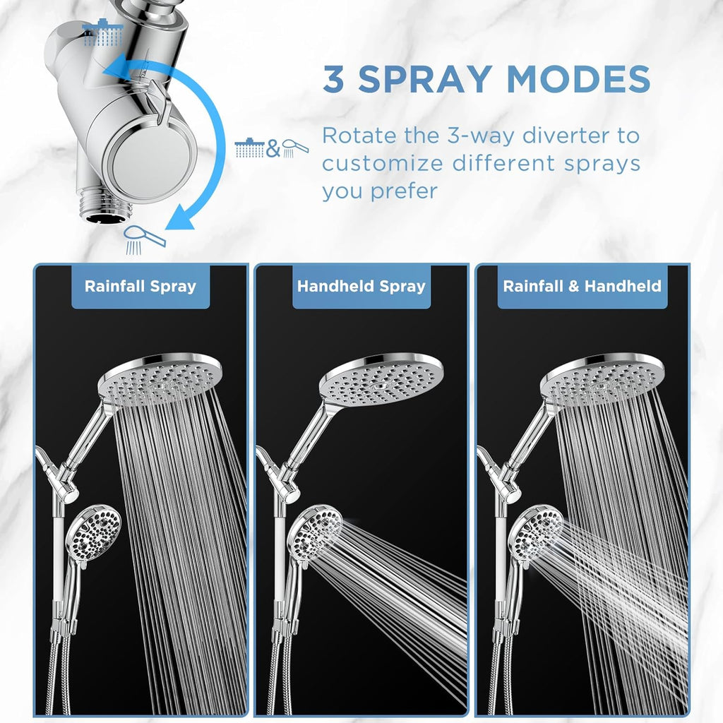 Dual Handheld Shower Head Combo, 2-in-1 Rain Shower Heads System 8 Inch Rainfall Shower Head and 10 Modes High