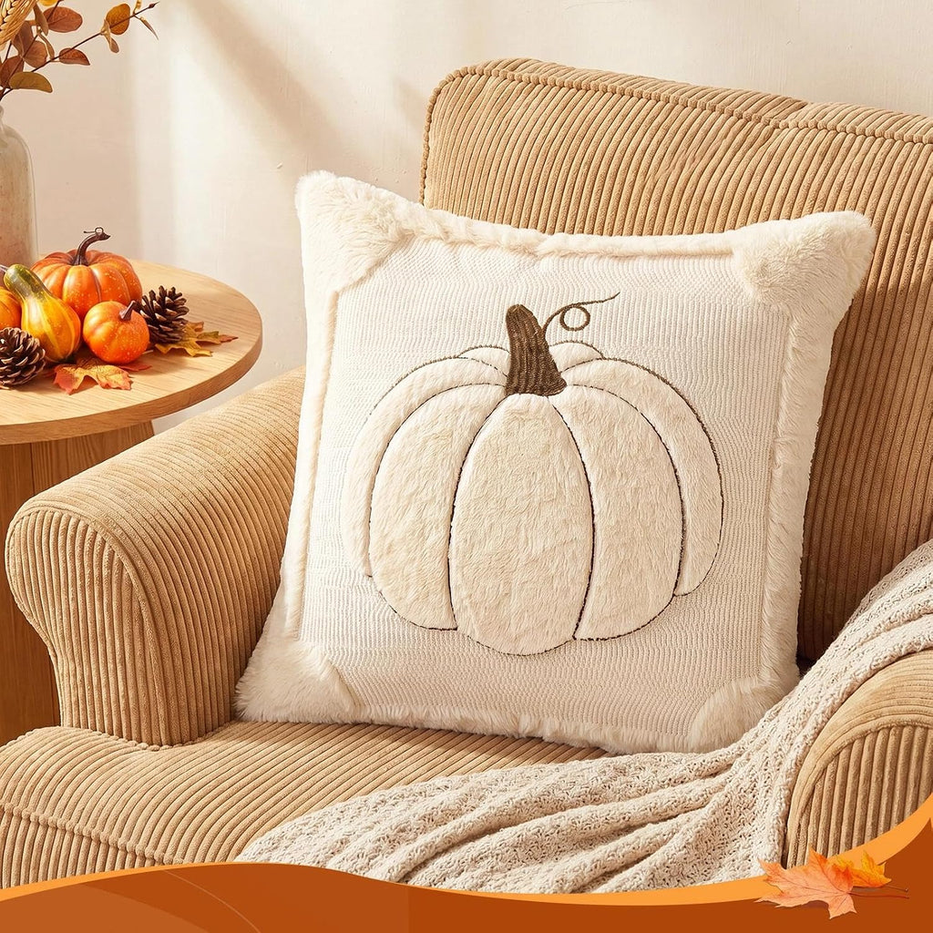 Fall Throw Pillow Covers 18x18 Double-Sided Beige Pumpkin Plush - Set of 2