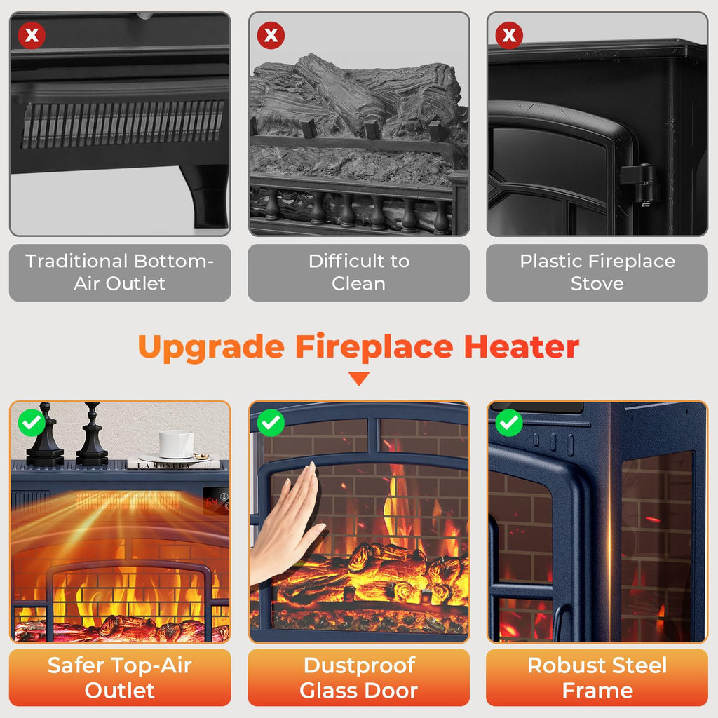 23" Electric Fireplace Heater, Freestanding Fireplace Stove, Infrared Heating, 3D Flame, Thermostat, Overheat