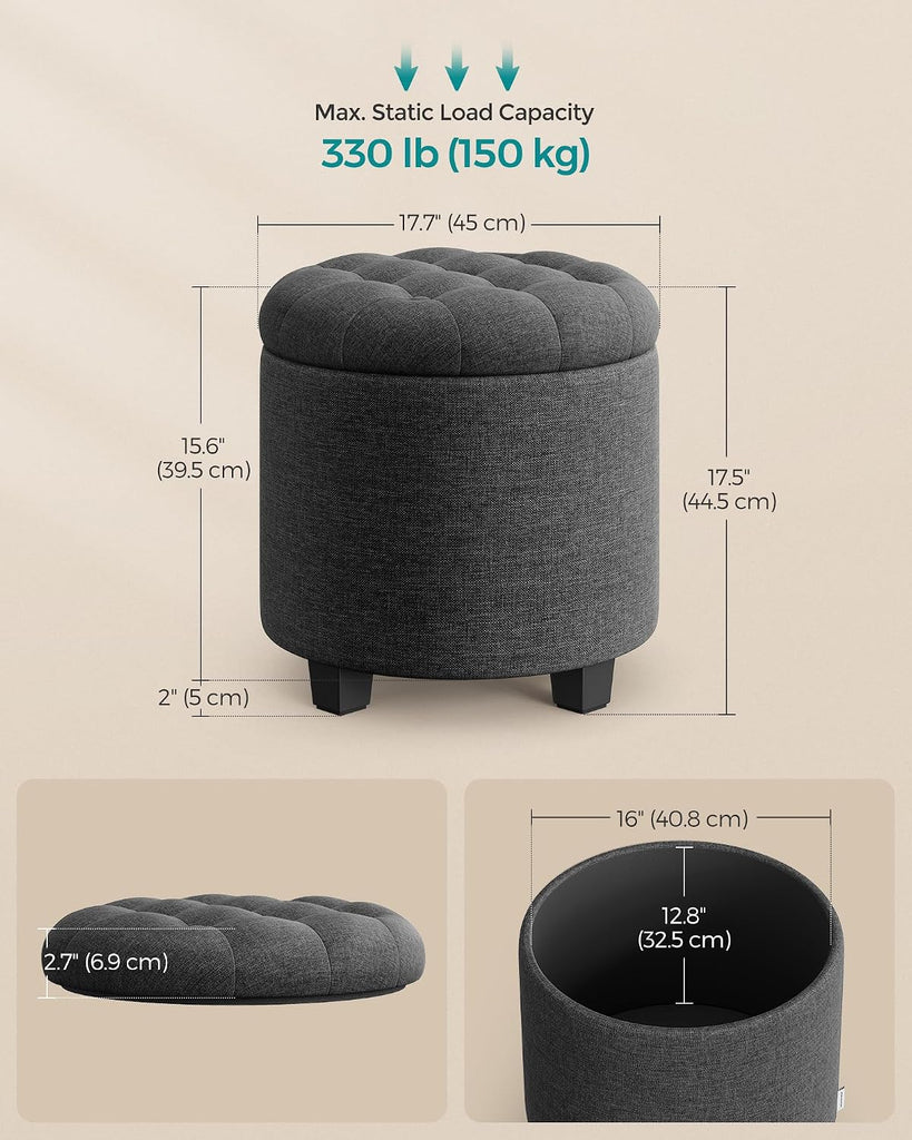 Round Ottoman, Ottoman with Storage, 17.7 Dia. x 17.5 H Inches Foot Rest with Legs, Load up to 330 lb, Dark Gray