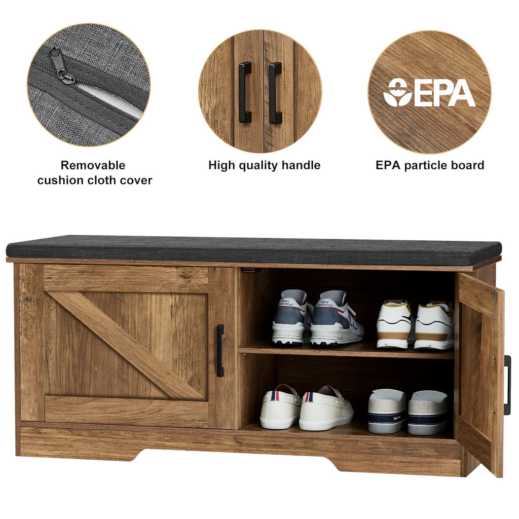 Farmhouse Shoe Storage Bench with 2 Barn Doors & Padded Seat Cushion