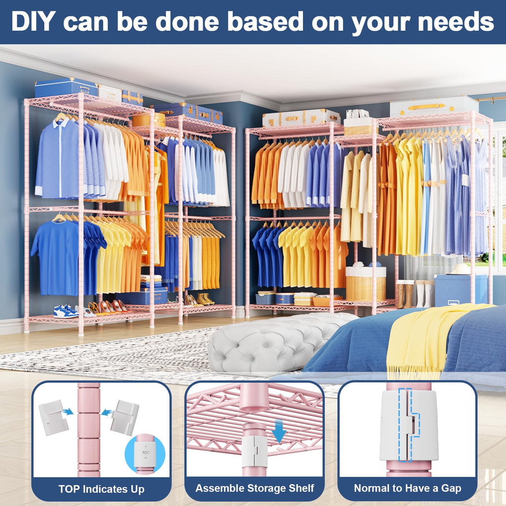 E12 Pro Clothes Rack, Heavy Duty Freestanding Garment Rack with Shelves, Metal Clothing Closet Storage System for