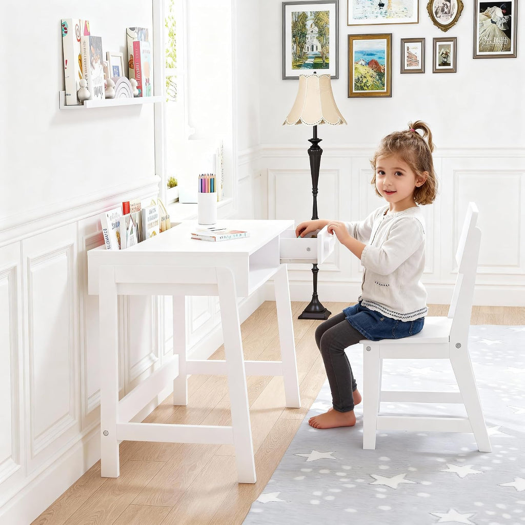 Wooden Kids Desk and Chair Set with Open Storage & 1 Drawer