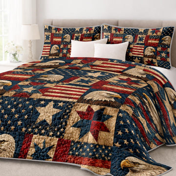 2 Pieces Patriotic Eagle Quilt Set with American Flag and Sunset Mountain Scene, Rustic Microfiber Bedding Decor, 1
