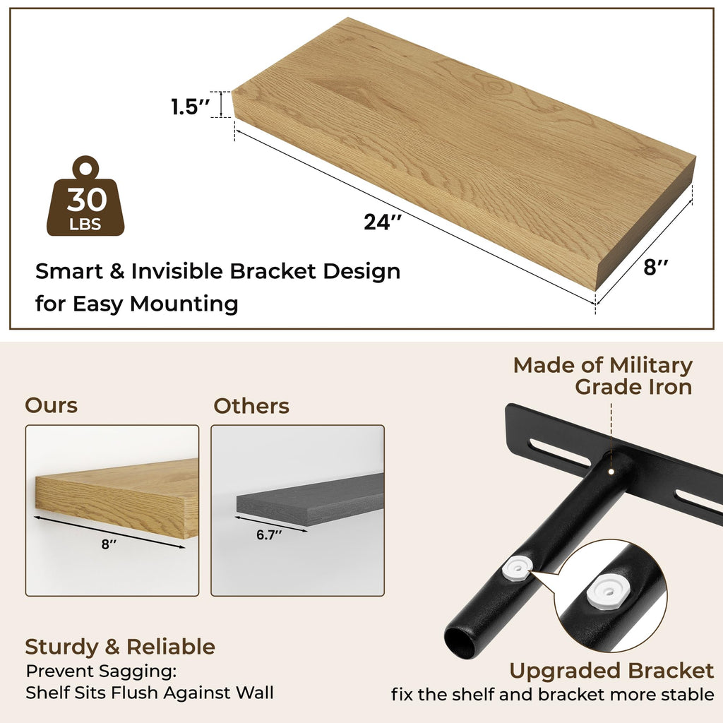 24Inch Floating Shelves for Wall 2Pack, Oak, 8" Deep