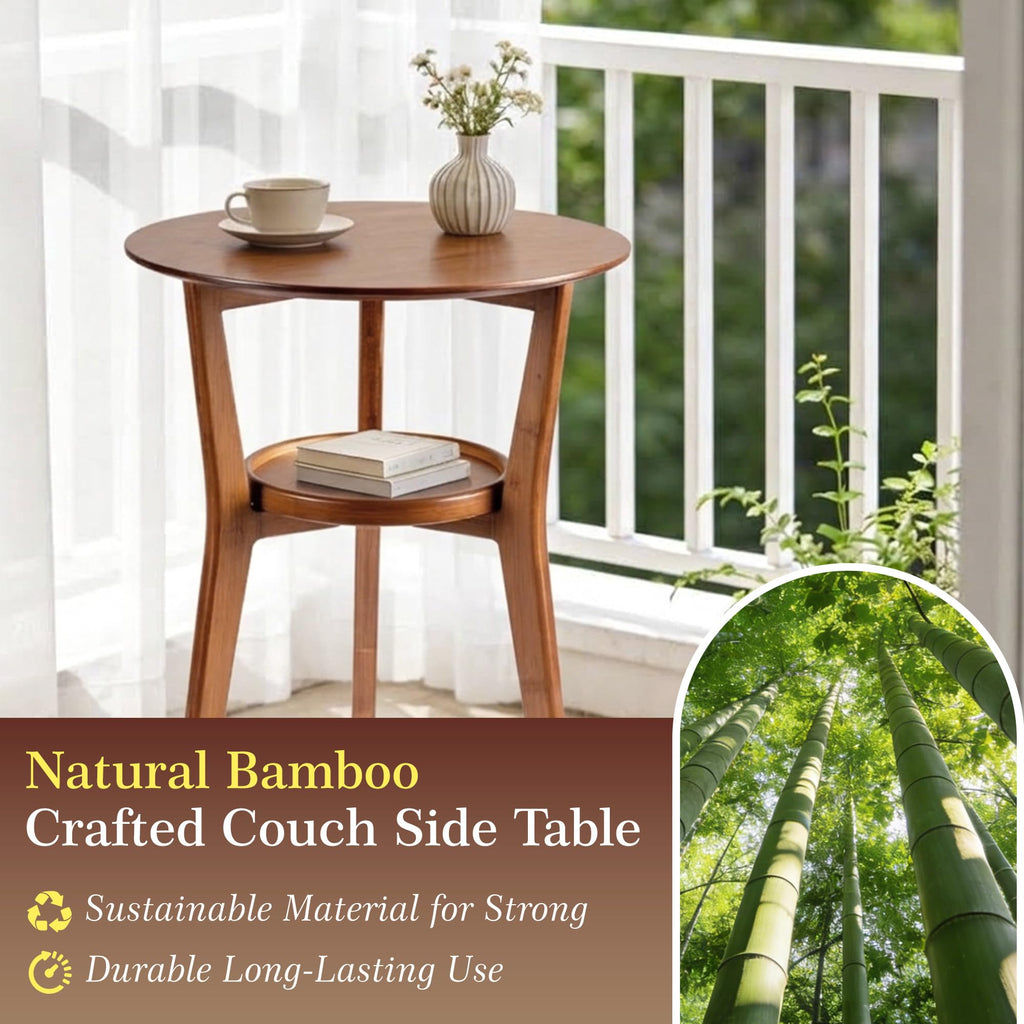Bamboo Round Side Table, 2-Tier Mid Century Modern Sofa End Table