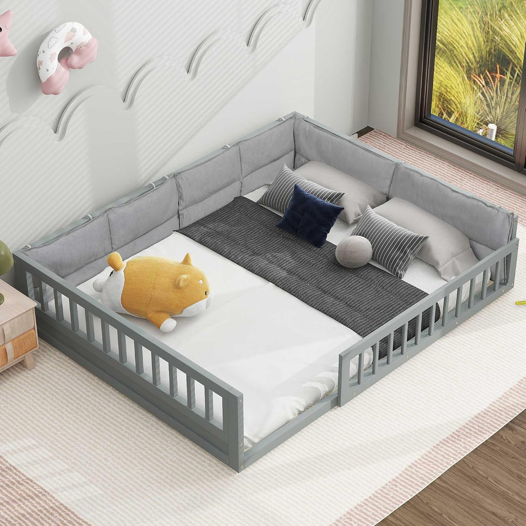 Floor Bed with Fence and Pillow, Kids Montessori Bed with Safety Guardrails, Solid Wood Playhouse Bed Frame