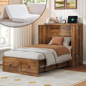 Twin Barnwood Murphy Bed with 6" Tri-Fold Memory Foam Mattress