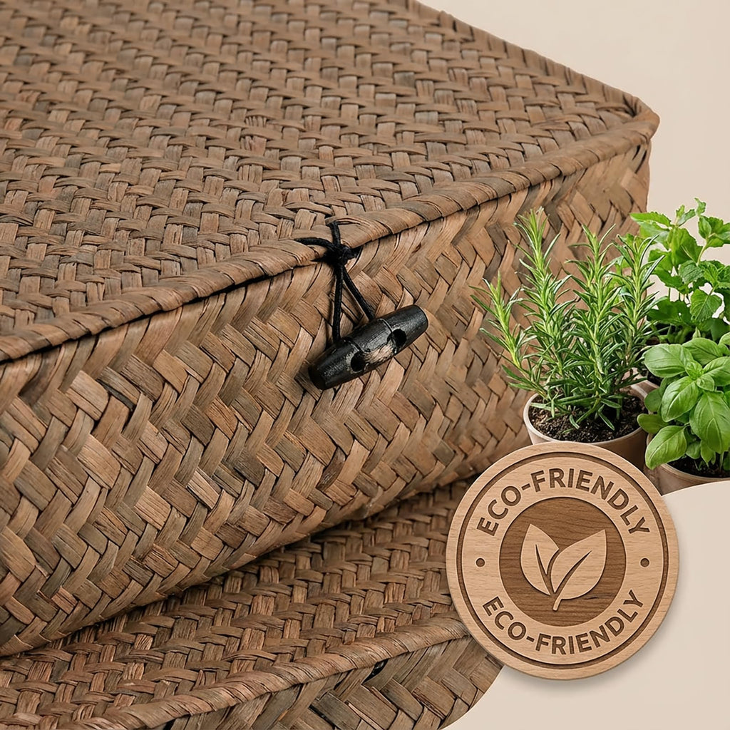 2 Pack Flat Wicker Woven Storage Bins with Lid and Wood Toggle, Natural Handmade Seagrass Basket Set, Rattan