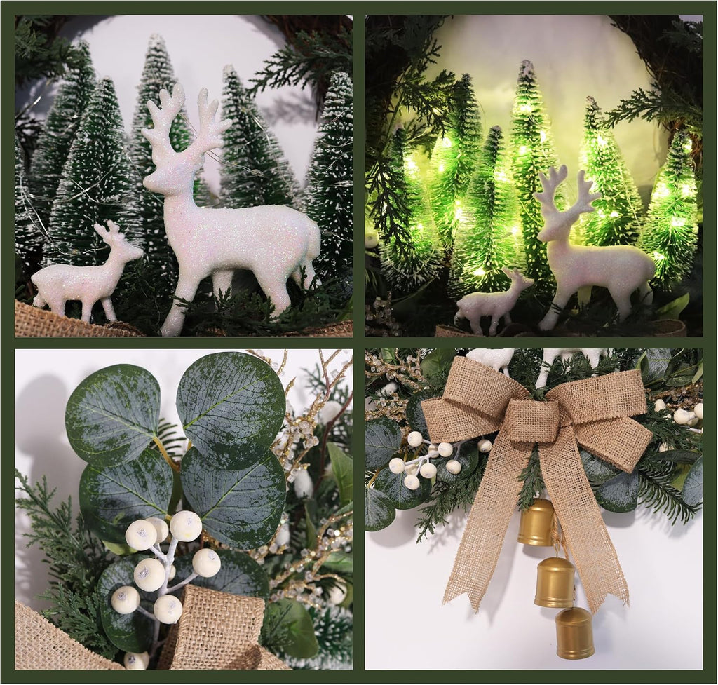 Lighted Christmas Wreath with LED Lights & White Deer, Bottle Brush Trees, Burlap Bow and Bells, Artificial Greenery