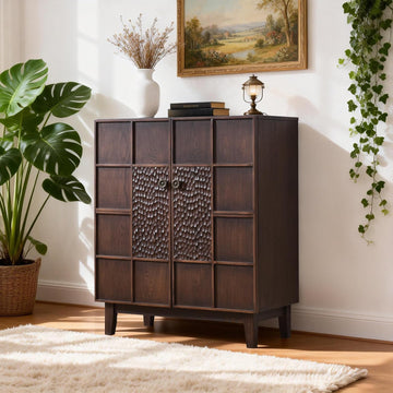 Mid-Century Modern Accent Cabinet with Textured Doors, 4-Cube Storage Cabinet, Walnut Wood Storage Cabinet , 31.5"