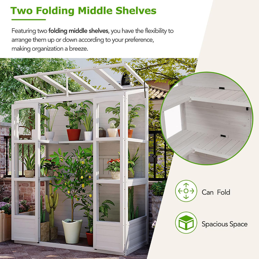 78 Inch Wooden Greenhouse with Walk-in Design, White | White fir wood, outdoor garden, walk-in design, polycarbonate