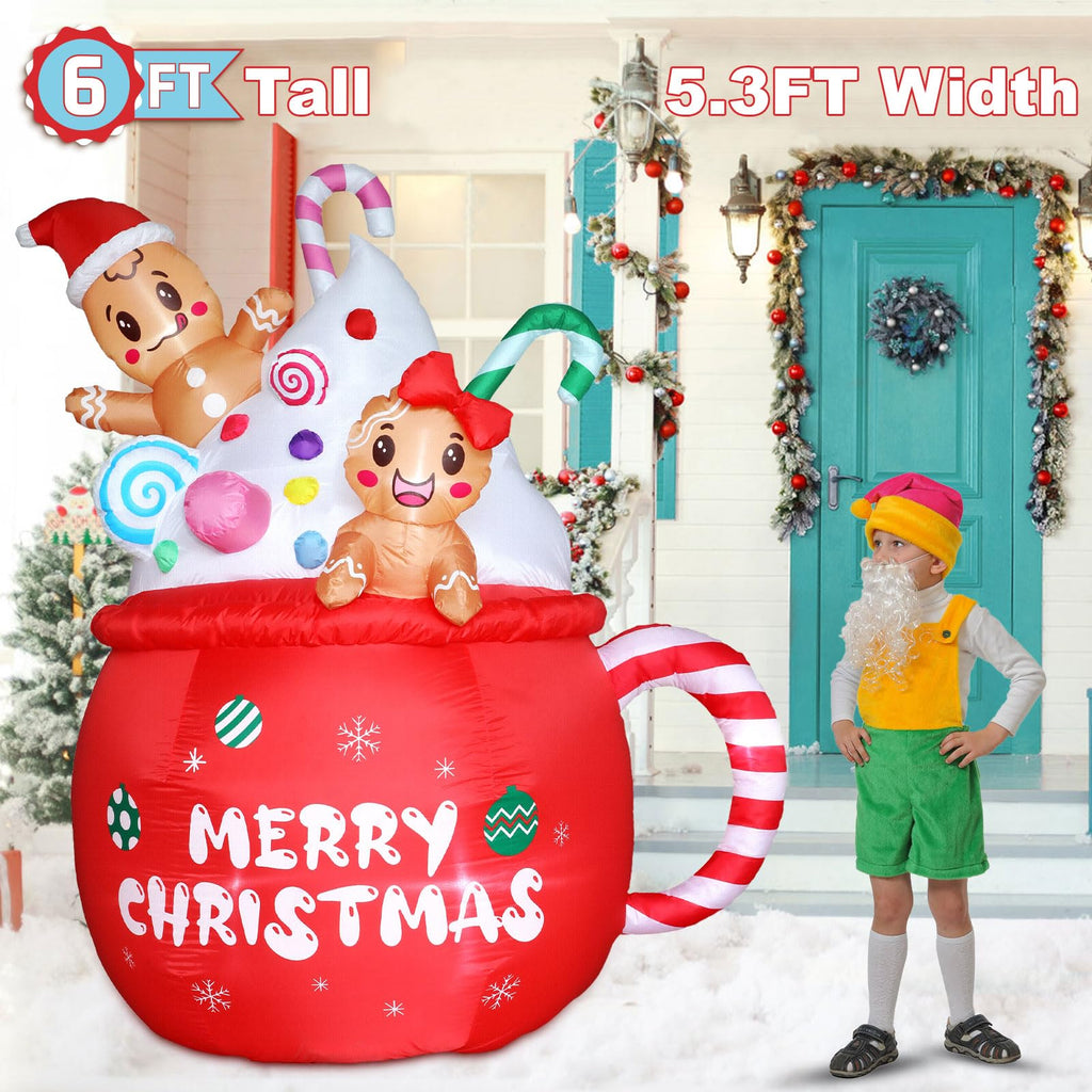Christmas Inflatable Outdoor Decorations 6FT Gingerbread Inflatables Christmas Blow Up Gingerbread Man Hot Cocoa Mug