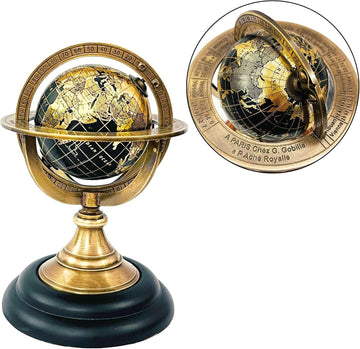 5.10" Nautical Brass Armillary Sphere World Globe with Jet Black Map & Black color Wooden Base - Elegant & Durable