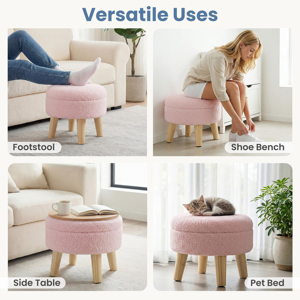 Round Storage Ottoman with Reversible Tray Lid, Multi-Functional Footrest, Teddy Velvet Footstool with Wood Legs