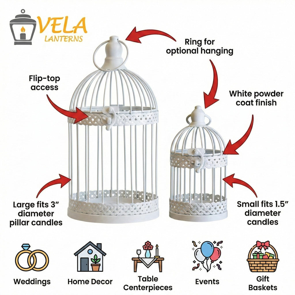 Decorative Indoor Birdcage Candle Holder Set of 2, White