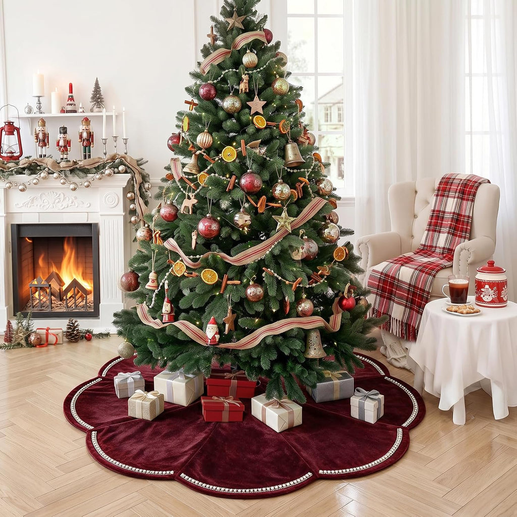 60 Inch Red Velvet Christmas Tree Skirt with Scalloped Edge & Pearl Trim