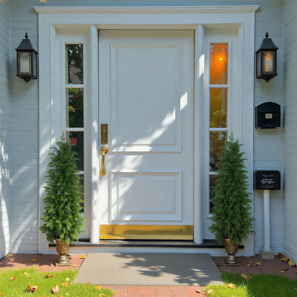 4FT UV Resistant Topiary Trees Artificial with Golden Urn Planter, 2 Set Artificial Cedar Trees for Outdoor, Faux