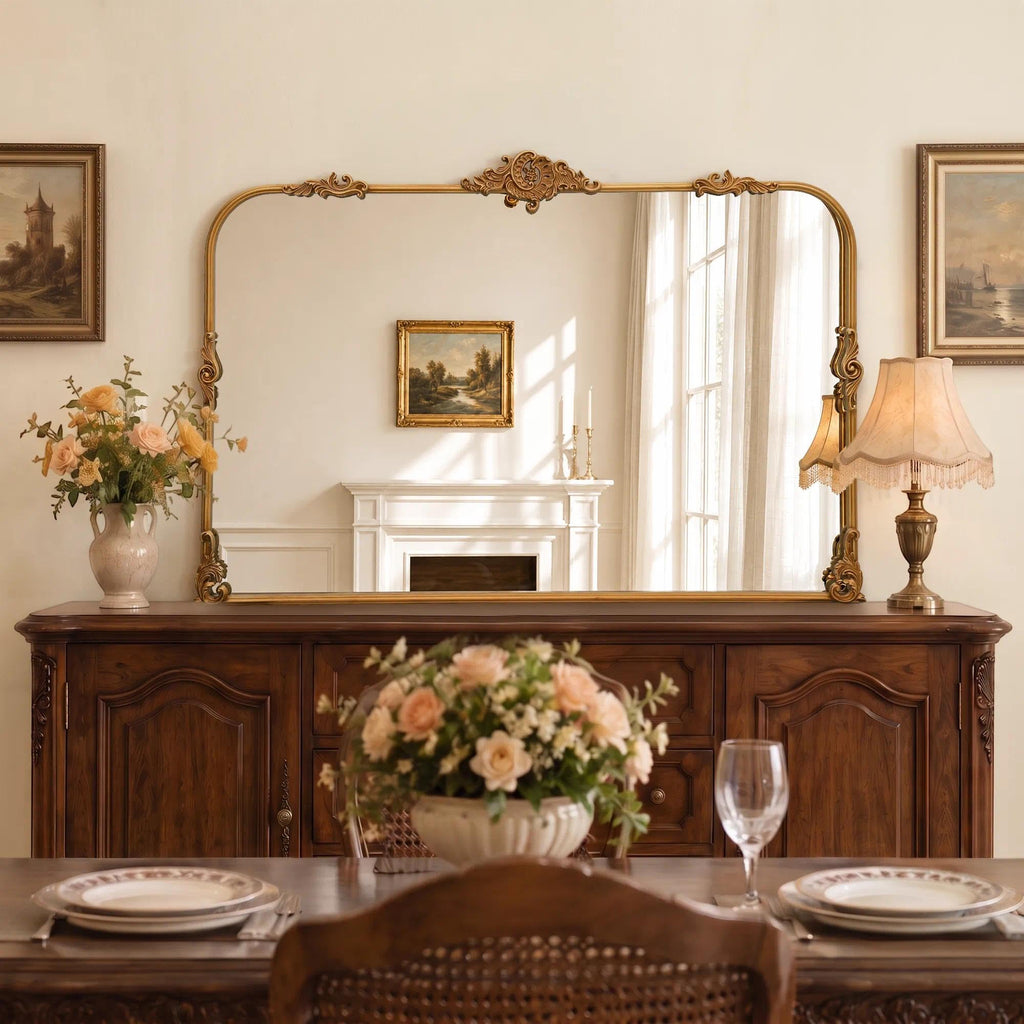 Large Gold Arched Mirror: 48"x33" Baroque Vintage Wall Mirror