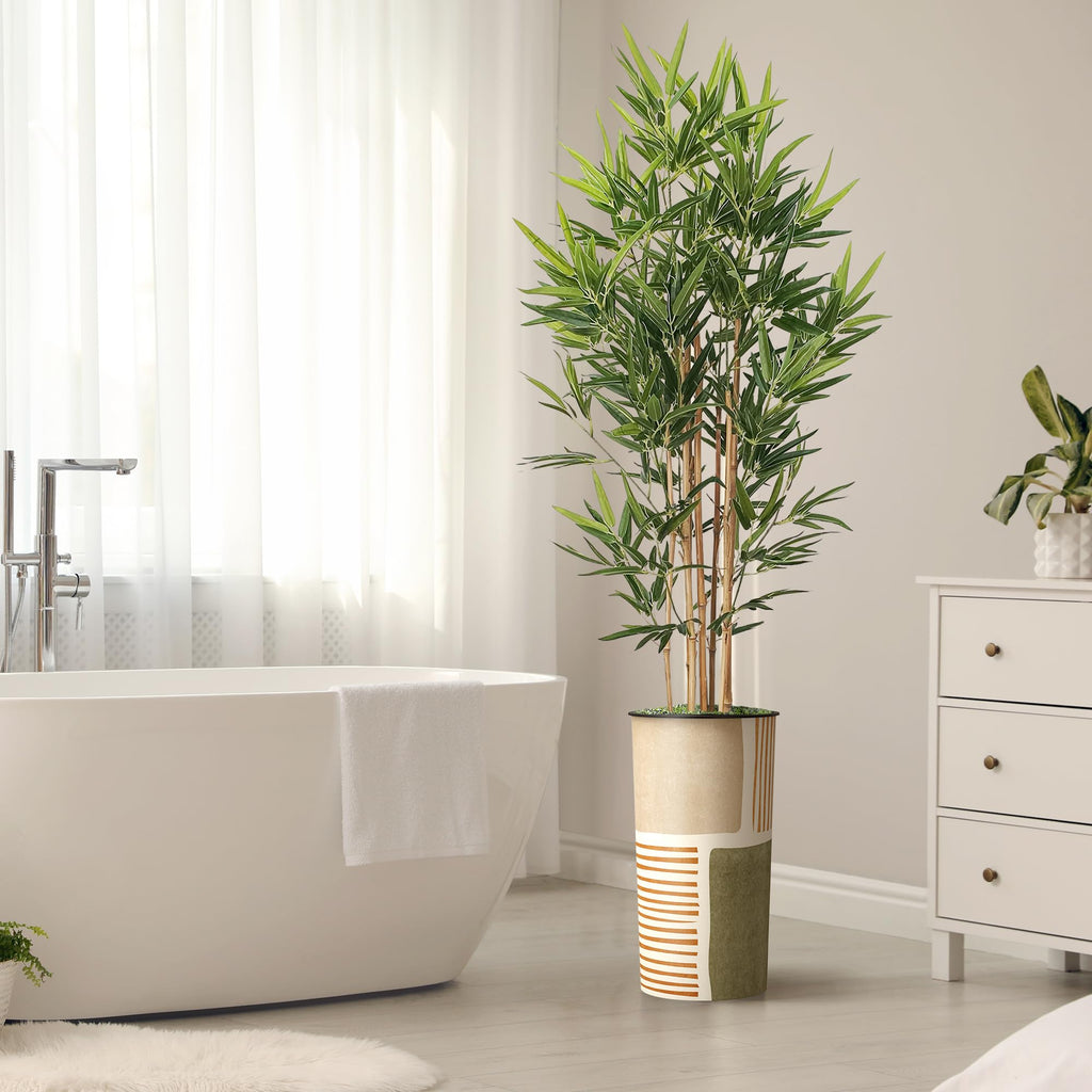 Artificial Tree in Mid-Century Green Polygon Abstract Shapes Planter, Fake Bamboo Silk Tree for Indoor and Outdoor