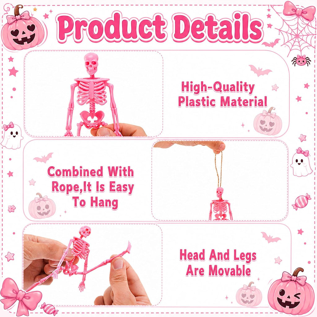Pink Halloween Mini Skeleton, 6" Posable Skeleton Hanging Decor - Set of 24