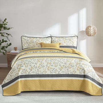 100% Cotton Quilt - Modern Stripe Botanical Soft Bedding Set
