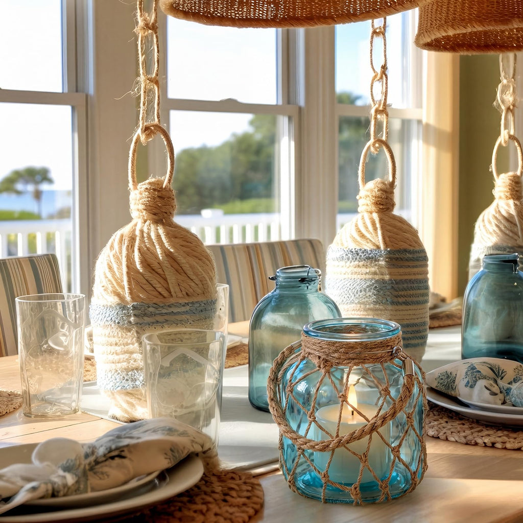 2 Set Nautical Lanterns Rope Handle, Coastal Glass Jar, Blue