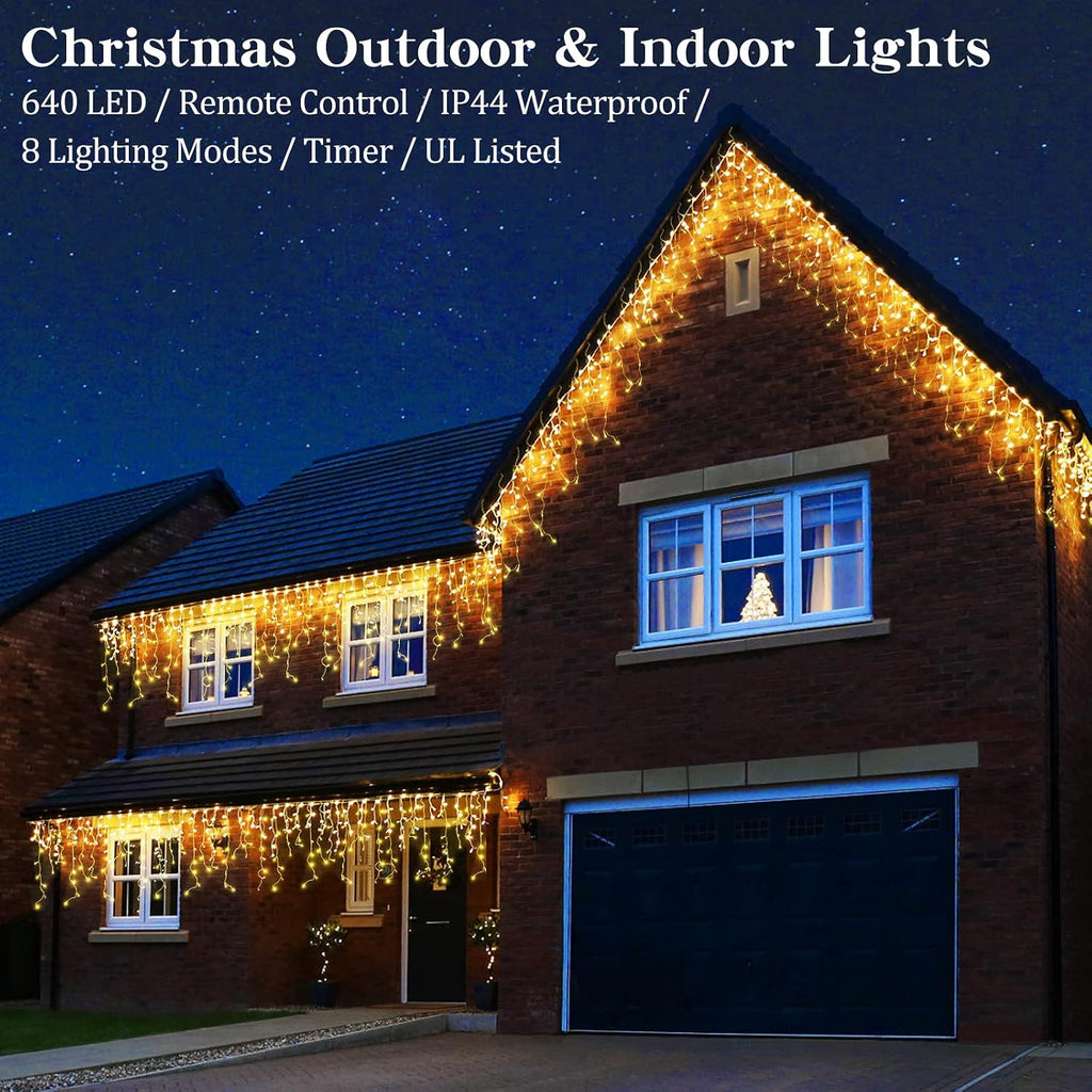 Warm White Christmas Icicle String Lights - 65.6 FT with 120 Drops, 8 Light Modes for Outdoor Decorations - Wedding