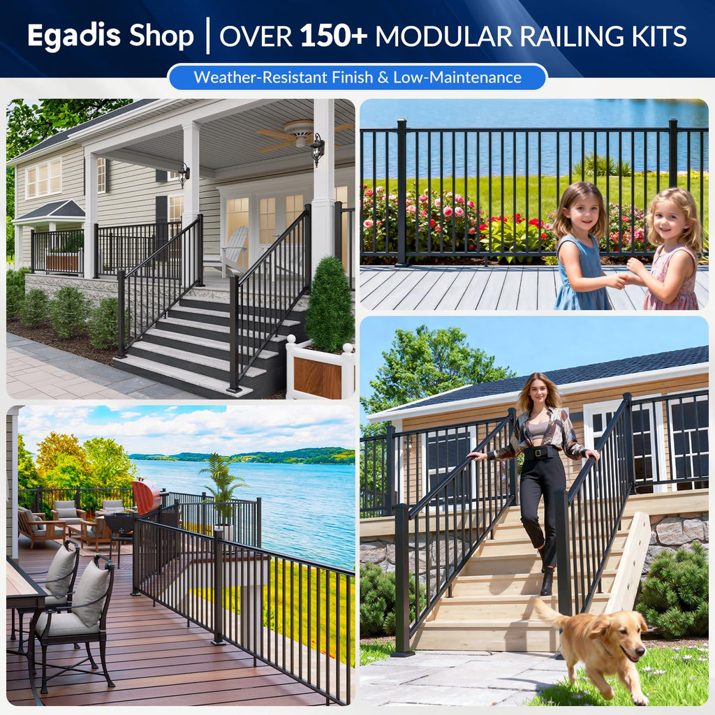 Modular Aluminum Stair Railing Kit, 42 in x 4 ft Black Step Railing