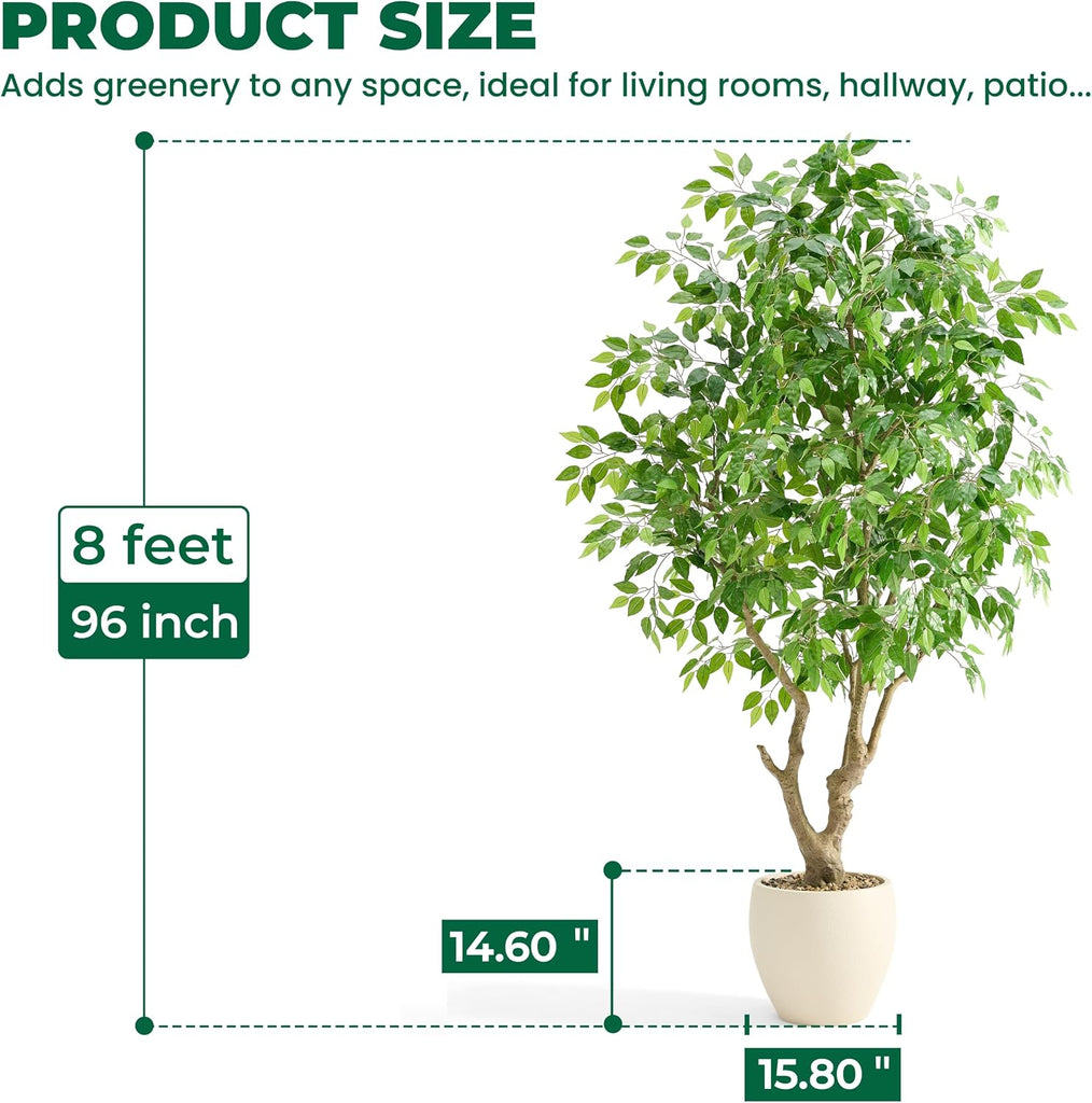 8FT Artificial Ficus Tree with White Planter, Faux Banyan Tree