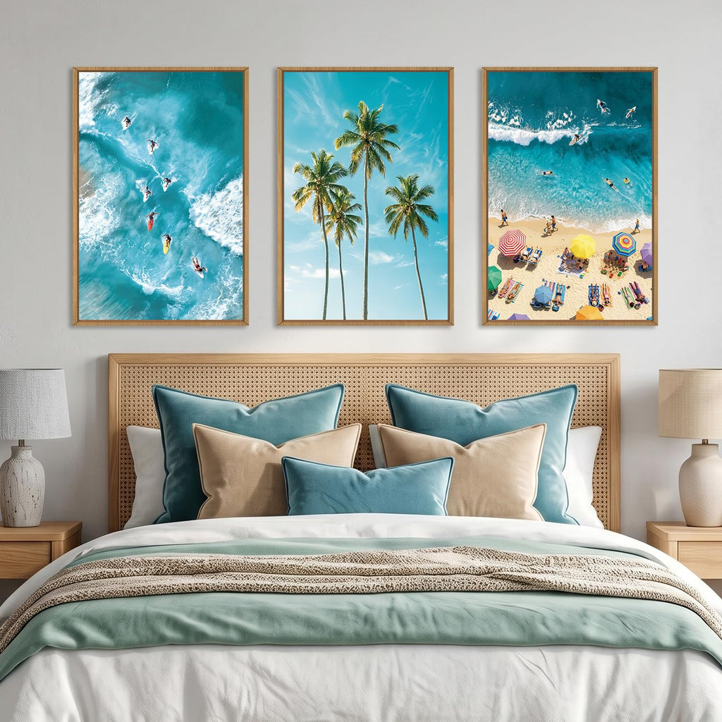 Surfing Beach Seascape Framed Canvas Wall Art Set, Summer Hawaii Ocean Coastal Surfboard Coconut Tree Wall Decor