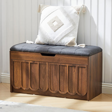Shoe Storage Bench with Cushion, Entryway Shoe Cabinet Bench with 2 Scalloped Doors & Adjustable Shelf, 2-Tier Shoe