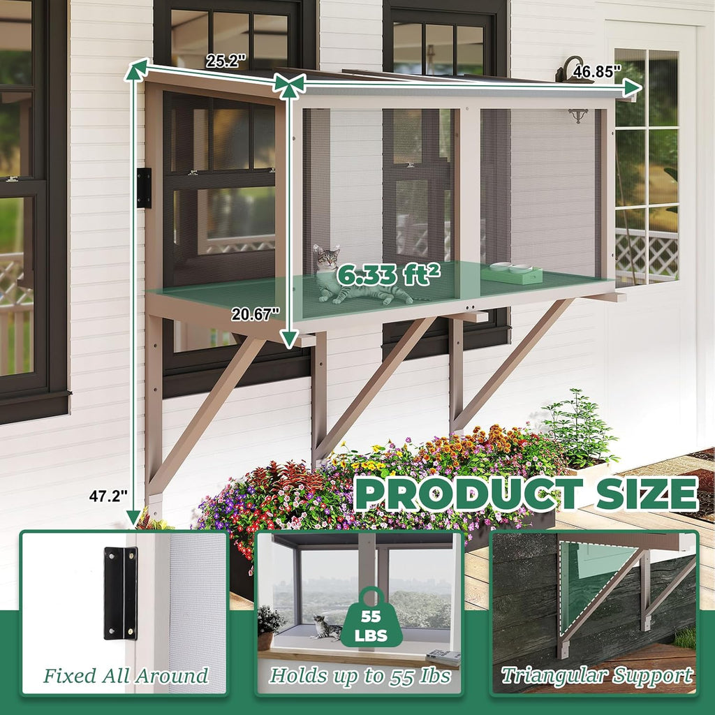 Catio Cat Window Box, Wooden Cat Catio for Indoor Cats, Window Enclosure for Sunbathing, Napping, Overlooking, Keeps