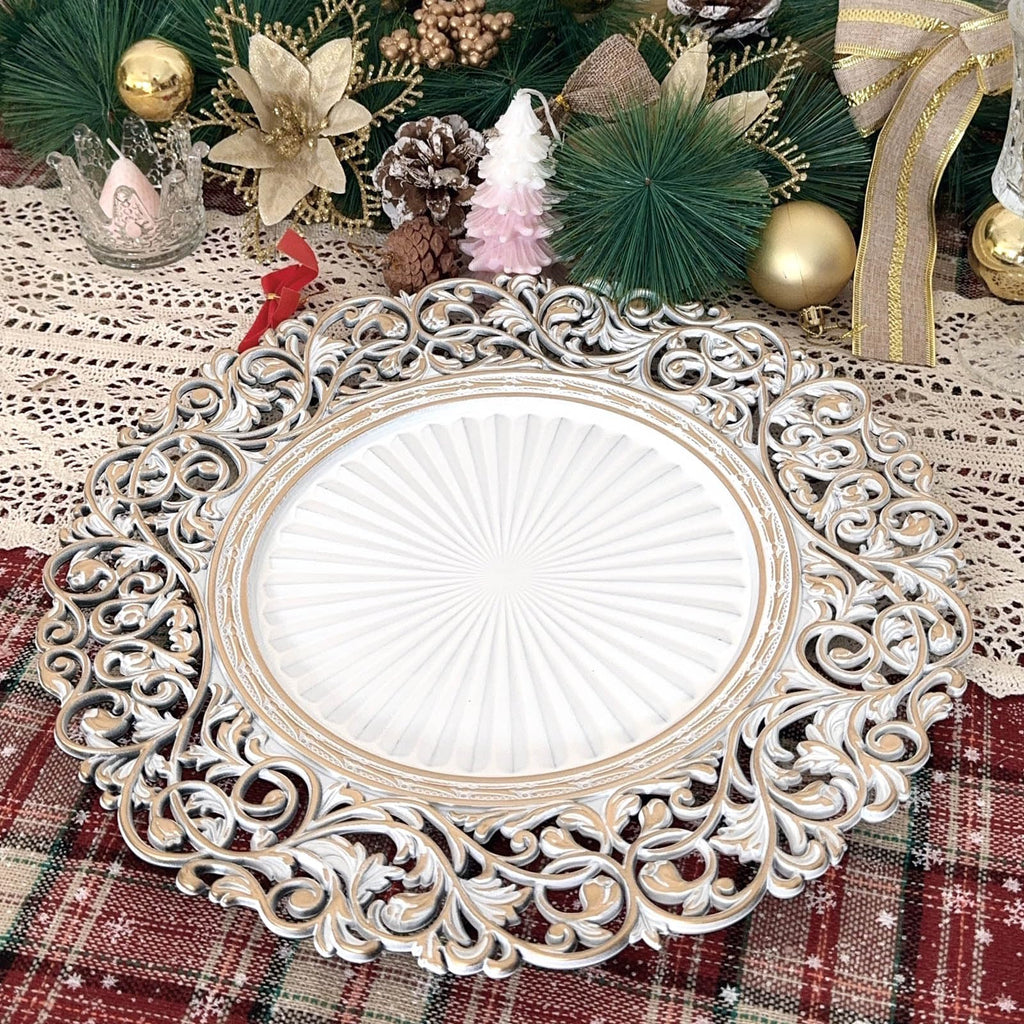 13inch Round Plastic Charger Plates, Set of 8, Charger Plates for Dinner, Wedding, Party, Event Decoration. (White gold