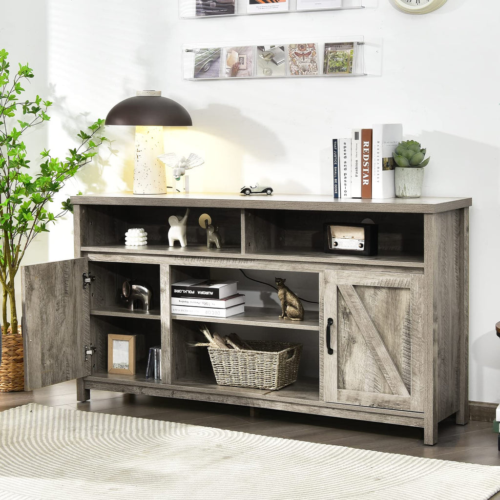 Modern Farmhouse TV Stand with Double Barn Doors, 59 inch TV Storage Cabinet for TVs Up to 65 Inches, Adjustable