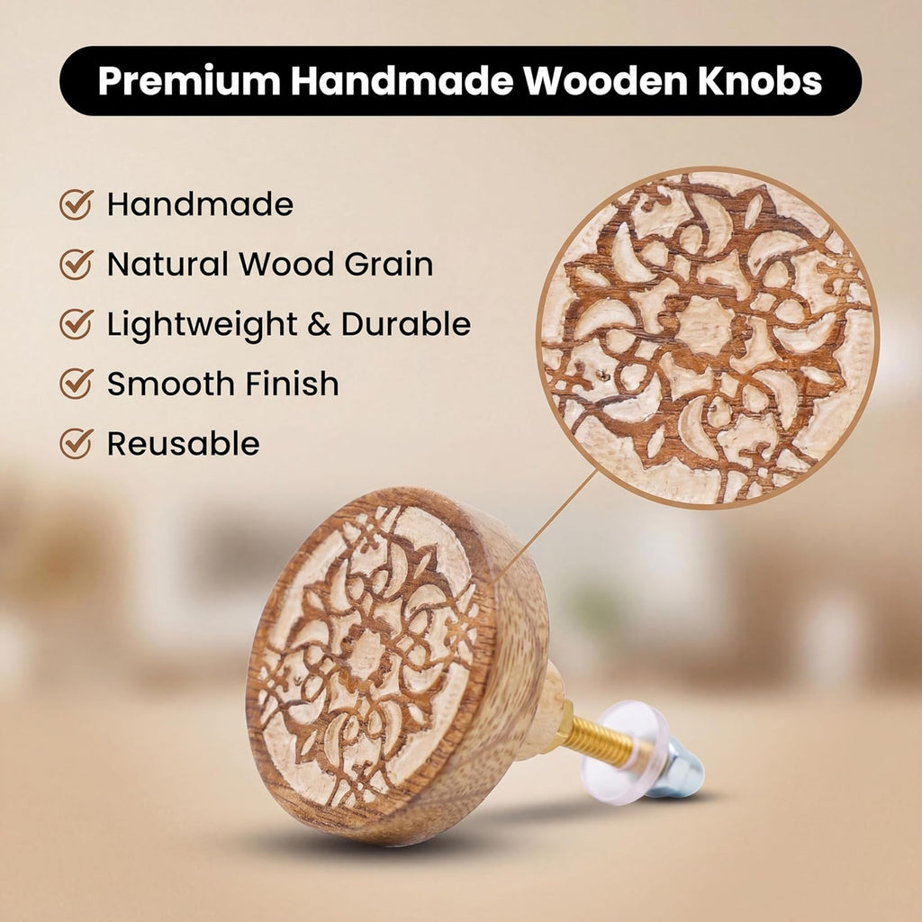 6 Pieces Boho Wooden Drawer Knobs - Brown Floral Knobs - Round Cabinet Knobs