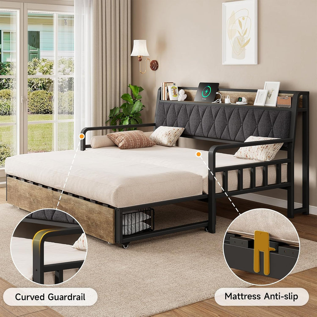 Twin to King Daybed, Convertible Sofa Bed with Trundle, Black | with Power Outlet, Padded Headboard, Storage Drawers