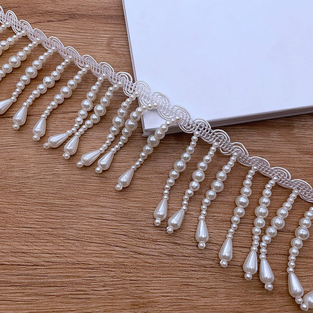 Pearl Fringe Trim with Teardrop Beads - Decorative Lace for Clothing, Lampshades, Curtains, and DIY Crafts - 1 Yard