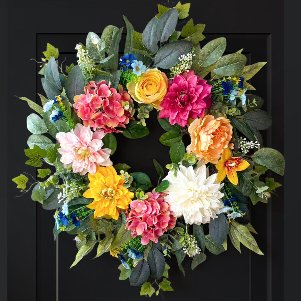 24 Inch Spring Wreaths for Front Door, Spring Wreaths, Spring Summer Door Wreaths with Yellow and Pink Dahlia Hydrangea