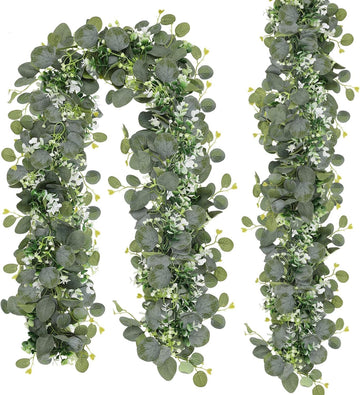 Artificial Eucalyptus Garland with Flowers, Faux Greenery Garland Decor 6FT Eucalyptus Vines, Fake Hanging - Set of 2