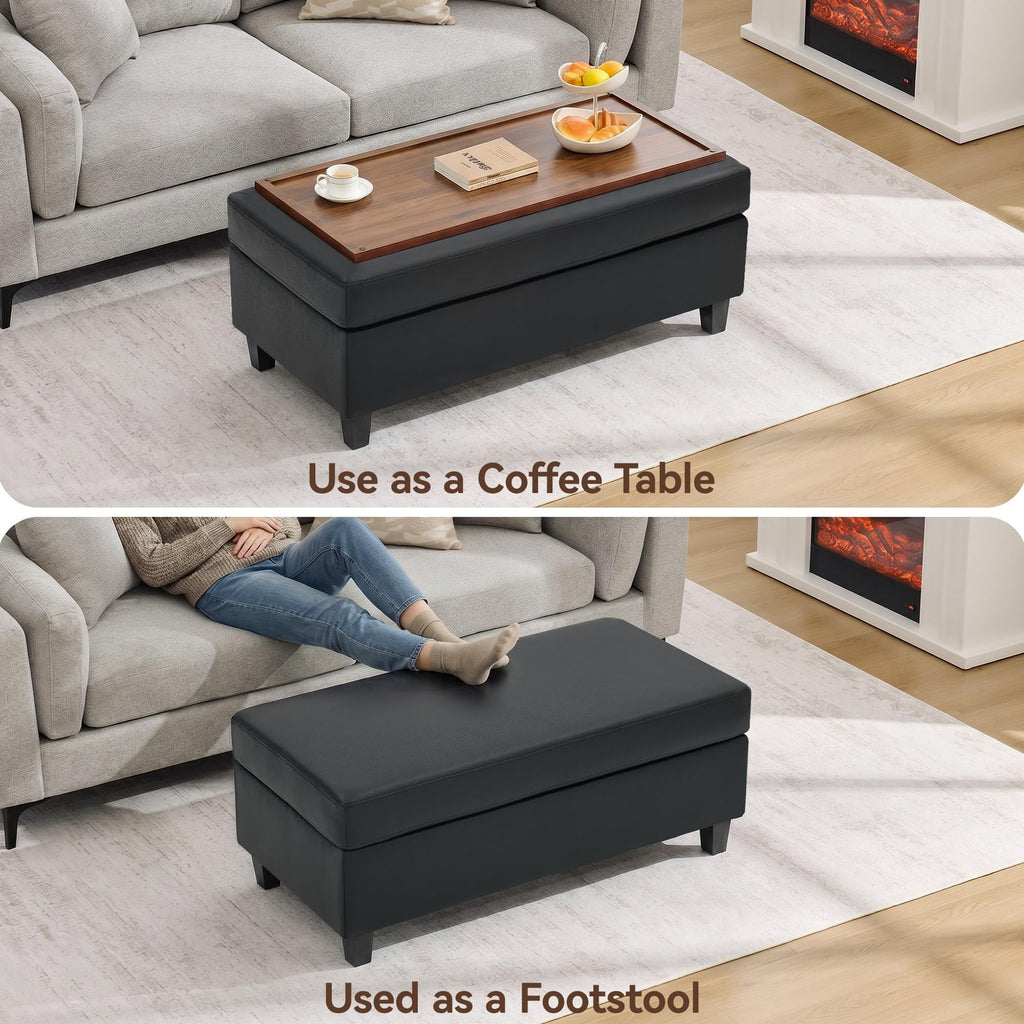 45" Faux Leather Storage Ottoman Bench with Wooden Tray, Black Large Upholstered Foot Stool, Multifunctional Coffee