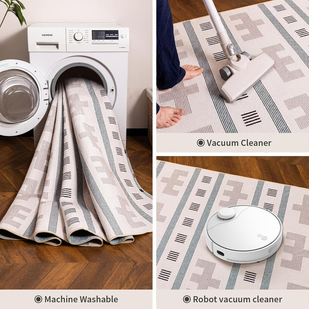 Washable Area Rug, Boho Southwestern, Cream Beige
