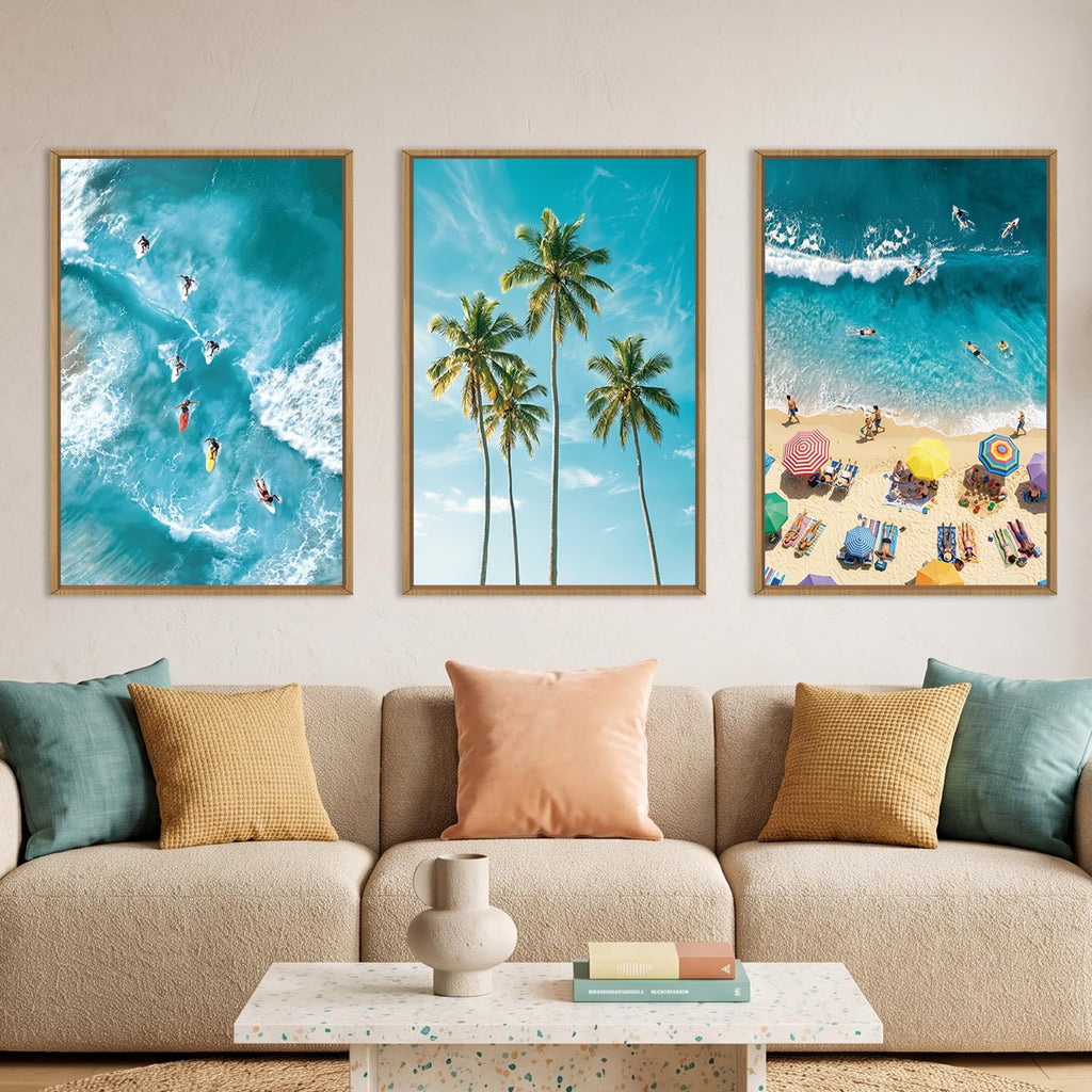 Surfing Beach Seascape Framed Canvas Wall Art Set, Summer Hawaii Ocean Coastal Surfboard Coconut Tree Wall Decor