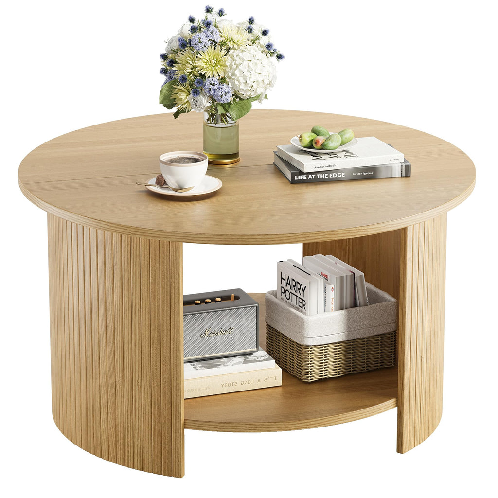 Round Coffee Table with Storage, 31.5" Modern Fluted Center Table, 2-Tier Mid Century Coffee Table, Wood Circle Table