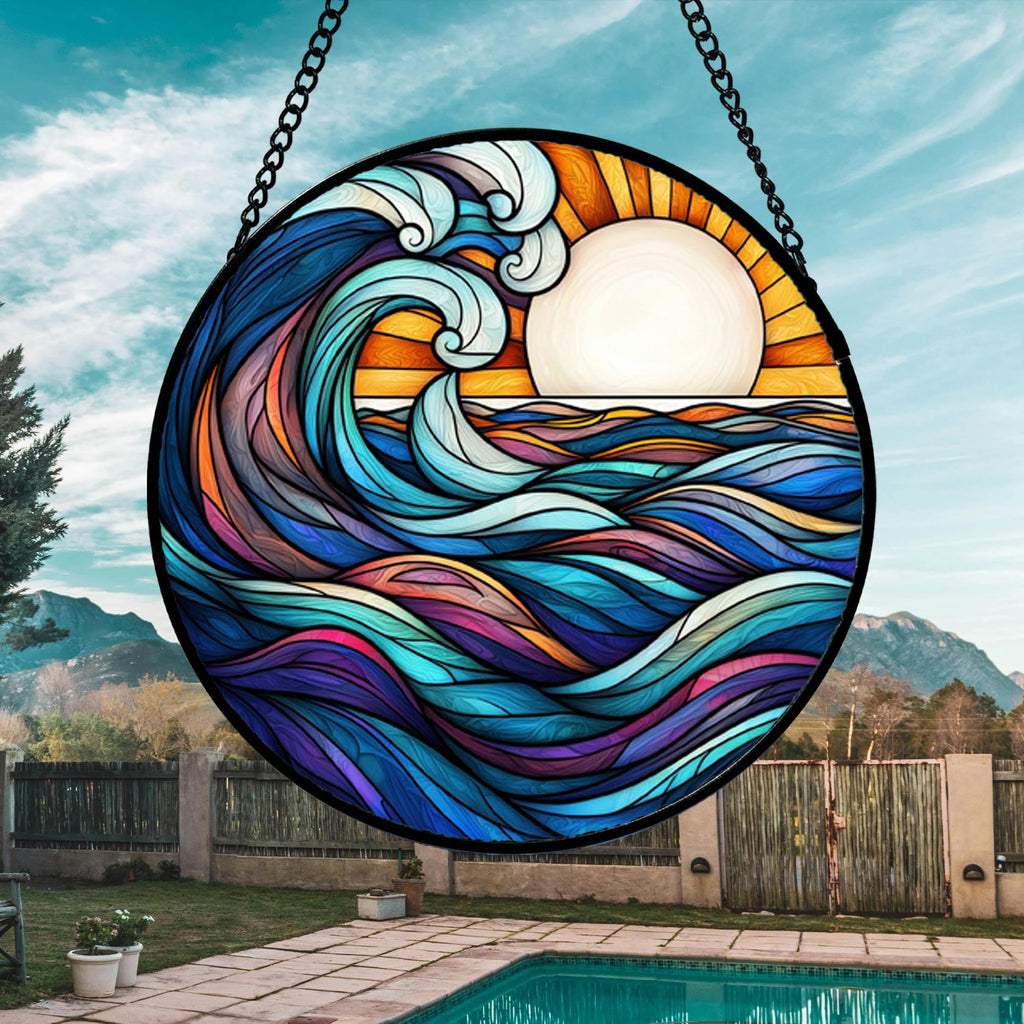Sunset Ocean Waves Stained Glass Window Hanging Suncatcher Gifts 15"
