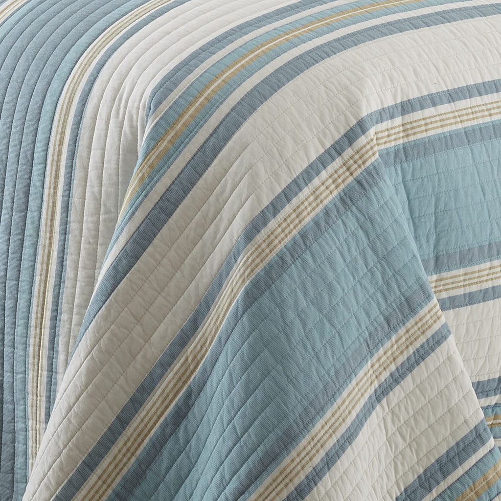 Blue Maui Quilt Set, Quilt + One Standard Pillow Sham, Striped Coastal Design in Light Blue, Cream and