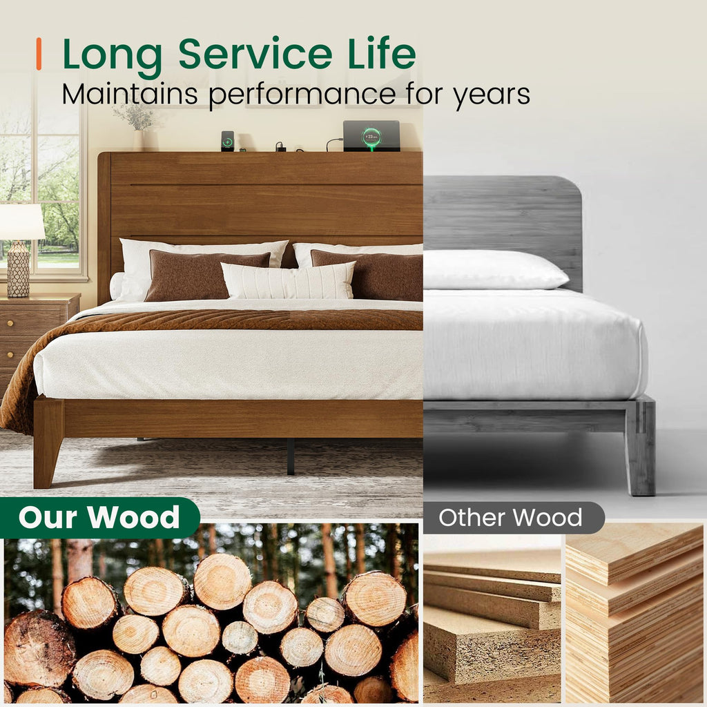 Queen Size Wood Platform Bed Frame with Mid-Century Modern Tall Headboard & Charging Station, Built-in Headboard